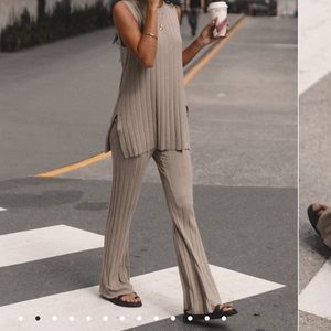 Petal and Pup taupe sleeveless sweater and pant set
